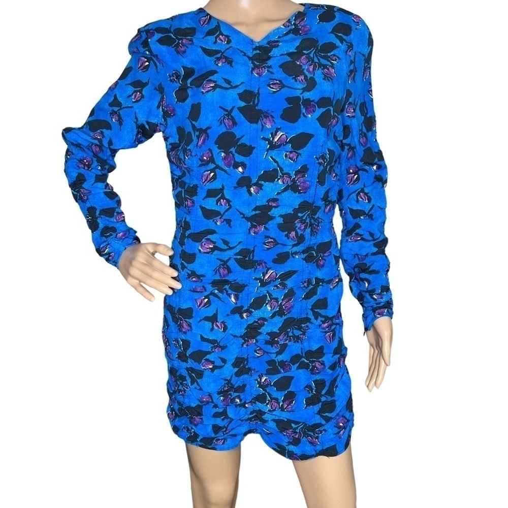 Zara blue floral ruched long sleeved dress medium